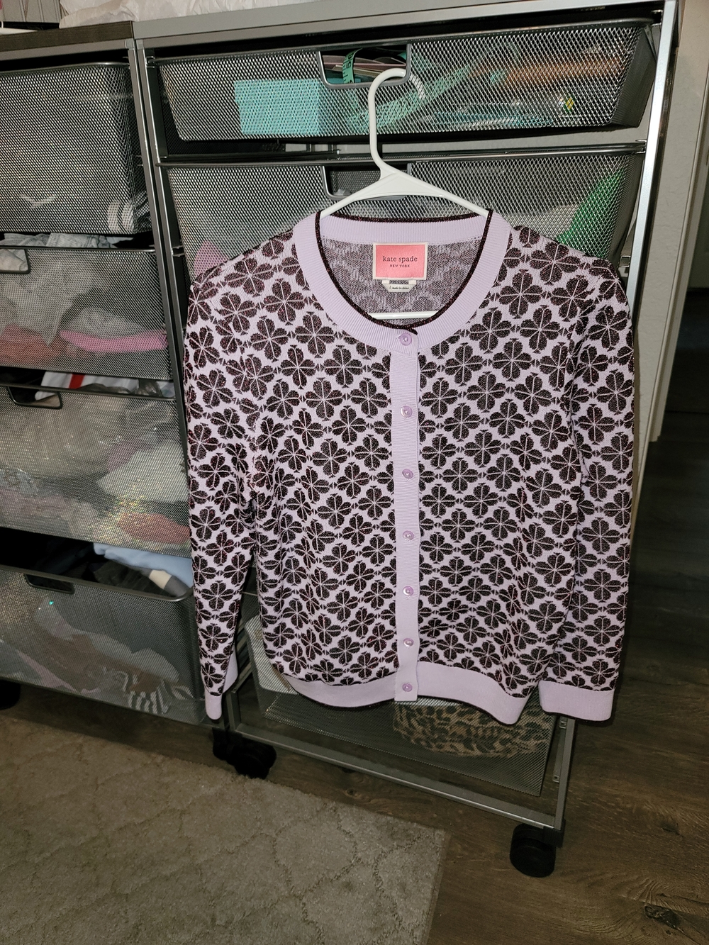 kate spade lilac and black floral button-Front Cardigan Sweater